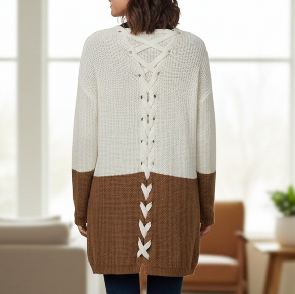 Mine New  Cream and Brown Colorblock Cardigan Size L - Picture 5 of 16